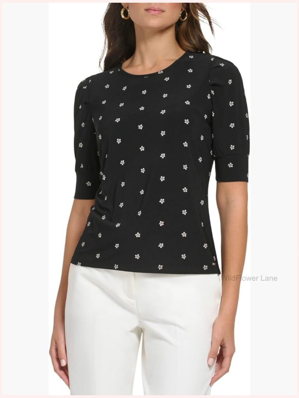 Floral Puff Sleeve Work Top Blouse Short Sleeve Knit Cotton Polyester